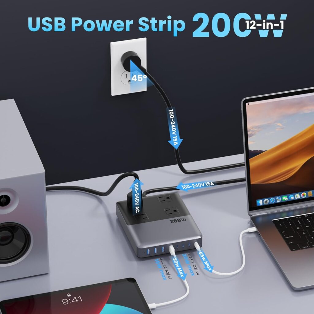 Charging Station Power Strip 4 AC Outlets 8 USB Ports - Image 3