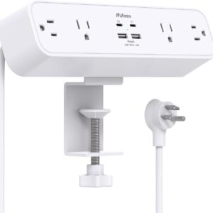 Desk Clamp Power Strip 5Ft Extension Cord 4 Outlets 4 USB Ports