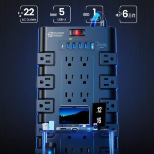 Surge Protector Power Strip 22 AC Outlets 6 USB Ports Black - Image 2