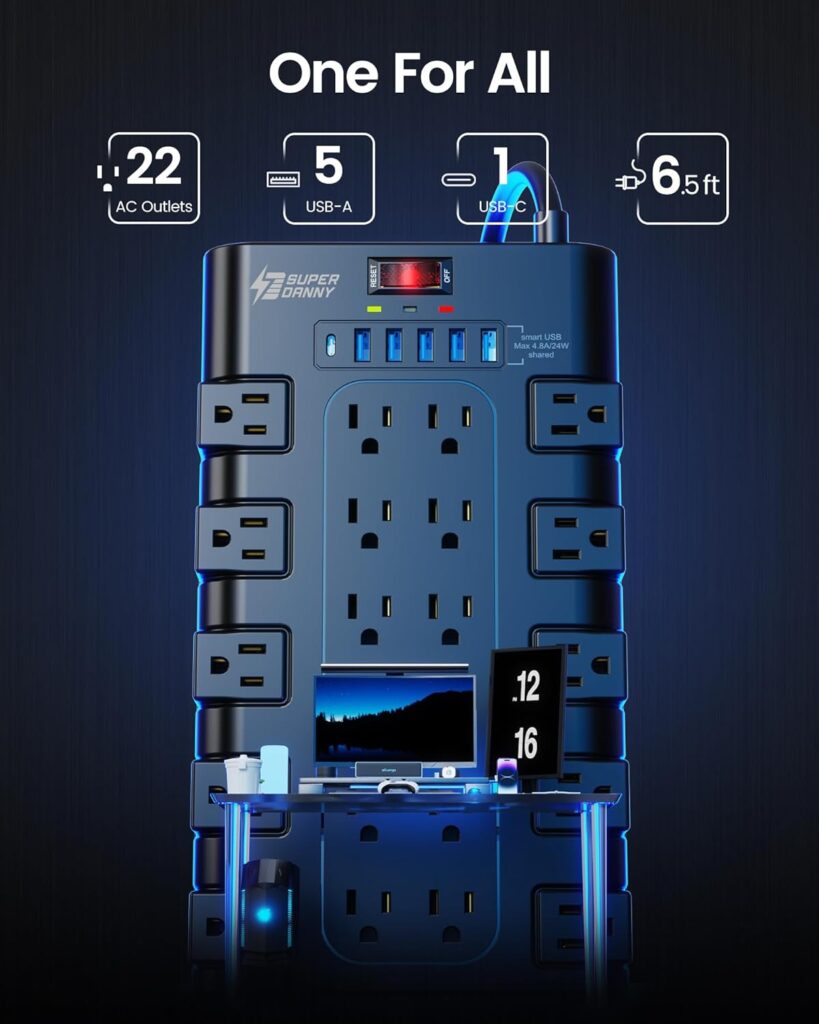 Surge Protector Power Strip 22 AC Outlets 6 USB Ports Black - Image 2