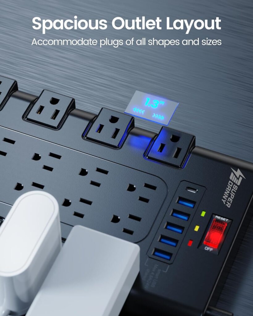 Surge Protector Power Strip 22 AC Outlets 6 USB Ports Black - Image 3