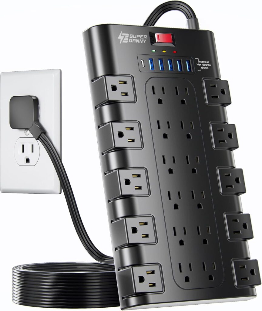 Surge Protector Power Strip 22 AC Outlets 6 USB Ports Black - Image 8