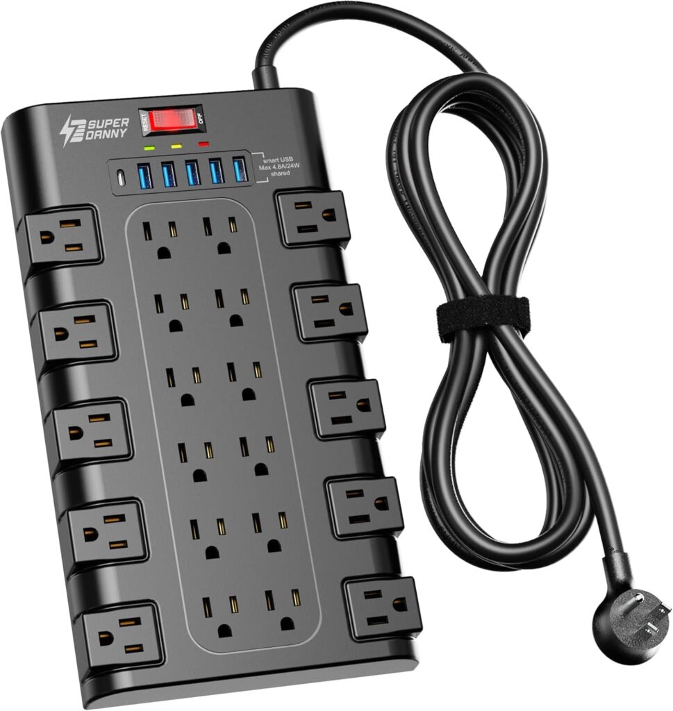 Surge Protector Power Strip 22 AC Outlets 6 USB Ports Black